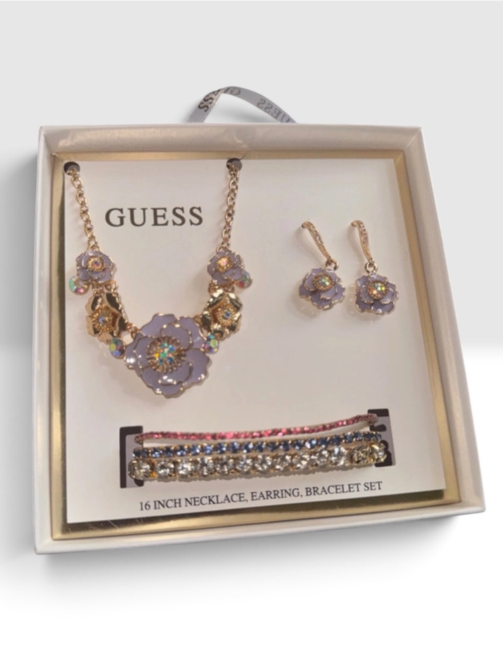 Guess Gold-Tone Lavender Flower Necklace, Earrings & Bracelet Set